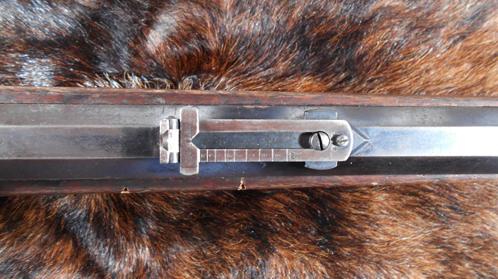 The V-notch rear sight on the 1876 Winchester.