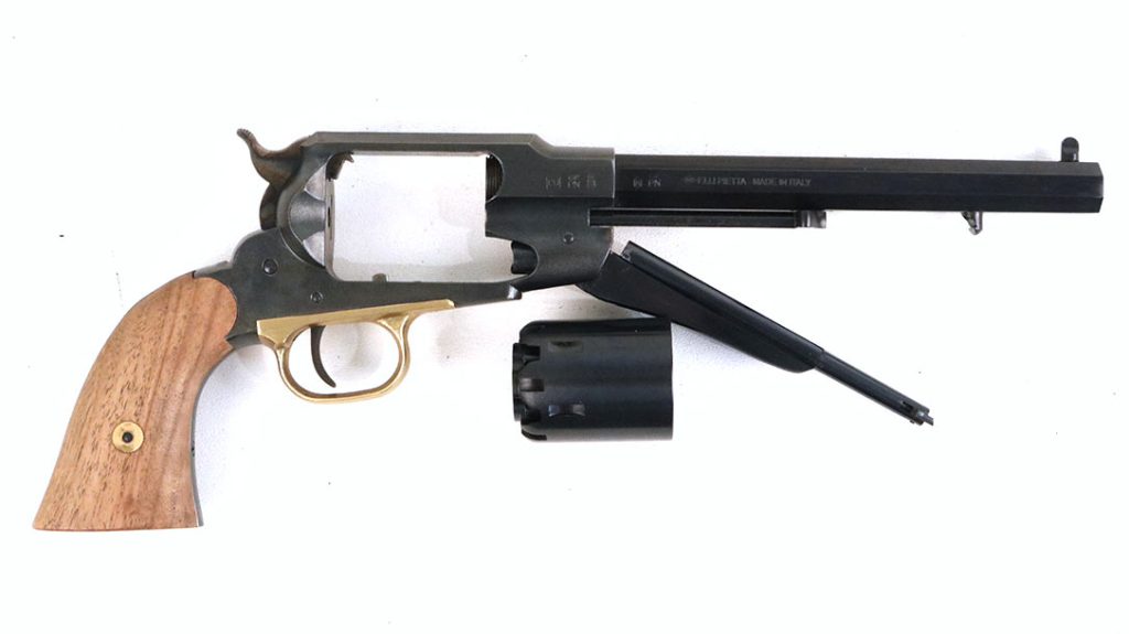 To remove the cylinder on the Remington New Model Army, one need only drop the ramrod and pull the cylinder pin.