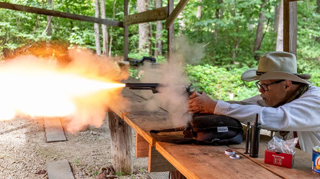 To evaluate accuracy potential, the &ldquo;Gus&rdquo; Walker revolver was shot from the bench at a target 15 yards downrange. Thirty grains of FFFg black powder propelled each 0.451-inch ball.