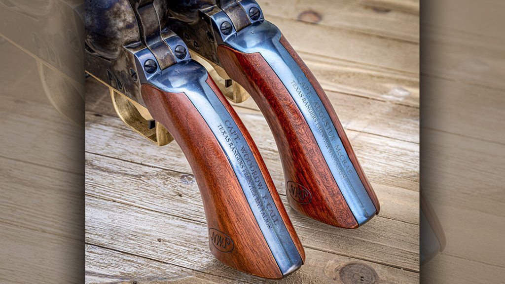 The blued grip frame backstraps are engraved with &ldquo;Capt. Woodrow F. Call&rdquo; or &ldquo;Capt. Augustus McCrae&rdquo; and &ldquo;Texas Rangers Frontier Battalion.&rdquo;