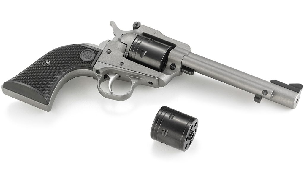 Silver Cerakote finish, Ruger Super Wrangler with extra cylinder. 
