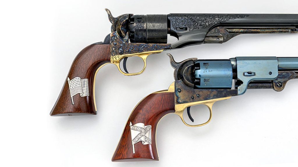 This closeup shows the sterling silver flag inlays. &ldquo;Old Glory&rdquo; is at the top, and the Confederate Battle Flag on the bottom.