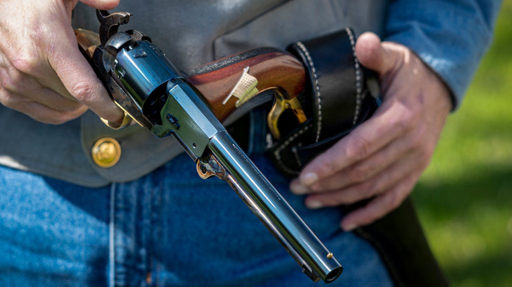 During the &ldquo;cowboy shoot&rdquo; portion of the evaluation, a half-flap, military type holster, worn in the traditional crossdraw style, was used to carry the two Cimarron revolvers.