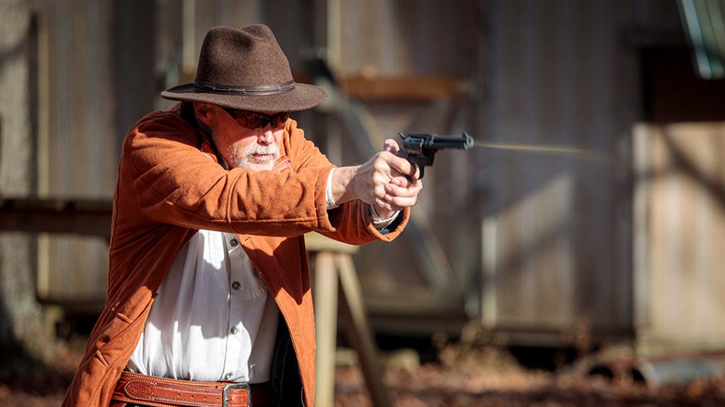 The company mentioned that the revolver could be pressed into service for self-defense with the .22 WMR cylinder. Here the author does some DA shooting.