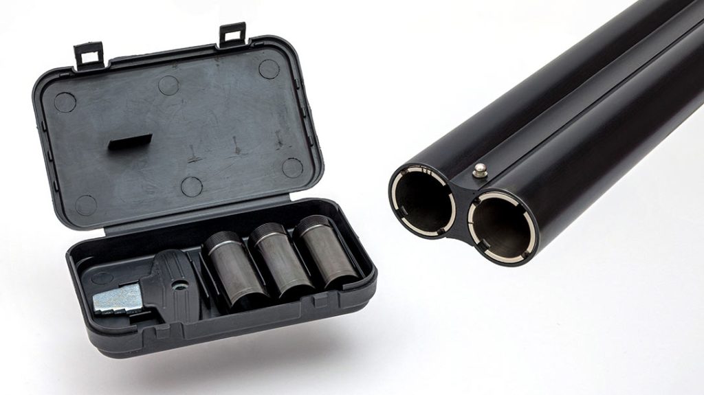 Five different choke tubes accompany the Navy Arms Coach Gun&mdash;three in a plastic case with a choke tube wrench. Small dashes on the tube indicate its choke setting.