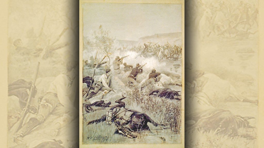 The famous illustrator Rufus Fairchild Zogbaum, well known for his military-themed work, drew this depiction of the battle in 1901. It captures the climactic moment when the scouts break Roman Nose&rsquo;s mounted charge with their Spencer repeating carbines. Zogbaum erred in arming the scouts and Major Forsyth with Winchesters instead of Spencers.
