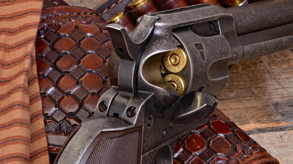 The finish appears lighter than it is in this studio photo, but it also helps highlight the well-made aged brown checkered grips of the Pietta Great Western II.