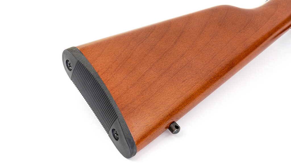 German beechwood is used for the stock on the Rossi Rio Bravo, and it has a serrated plastic butt-plate and sling swivel stud.