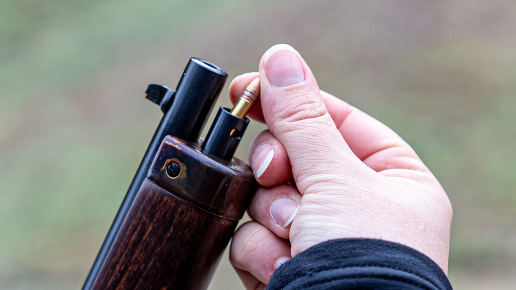 The Mare's Leg employs a tubular magazine for .22 LR ammo.