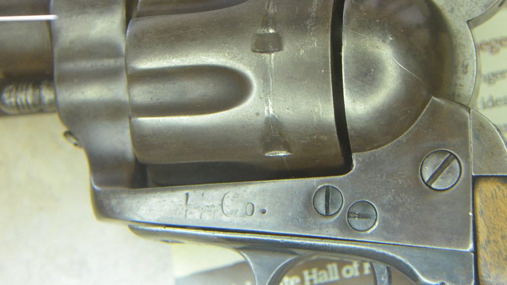 Note the &ldquo;H Co.&rdquo; stamped on the frame of this 1873 Colt, denoting it as property of the H Company of the Texas Ranger Frontier Battalion. It is a standard U.S. military model with 7.5-inch barrel chambered in .45 Colt and was drawn for the Rangers directly from U.S. Army stores in the state. &ndash; A look into Texas Rangers History.