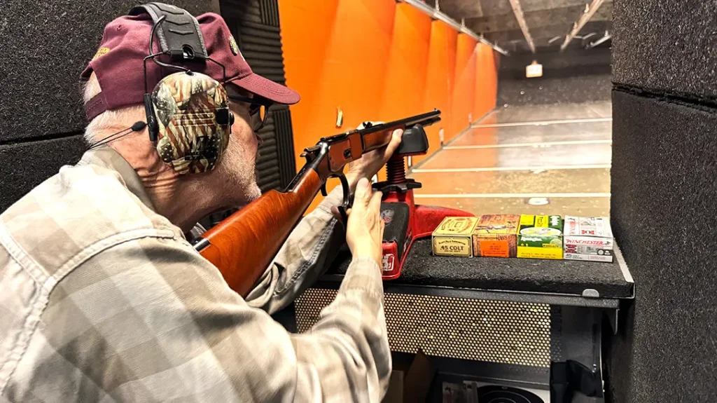 An accuracy potential evaluation was performed at 25 yards from a bench rest; three 5-shot groups were fired with each of the .45 Colt test cartridges.
