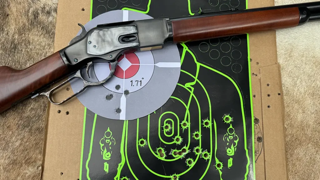 Here is the bullseye target showing the tightest 5-shot group; the other target is a TruGlo “Gunslinger” that was used for the rapid-fire reliability test.