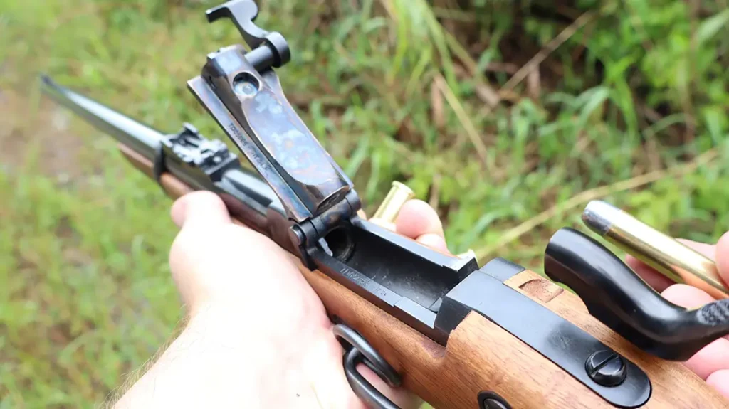 The 1873 Trapdoor Springfield feeds from the top.